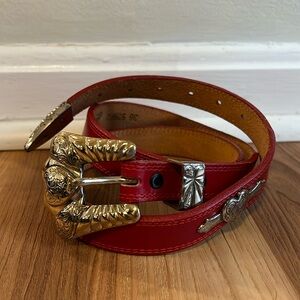 Justin Cowhide Leather Red Belt with Silver Hardware Large Buckle Equestrian